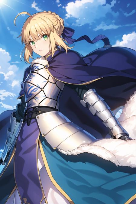 00040-977147043-Saber, 1girl, blonde hair, solo, green eyes, armor, ahoge, gauntlets, armored dress, cape, blue cape, looking at viewer, cloud,.png